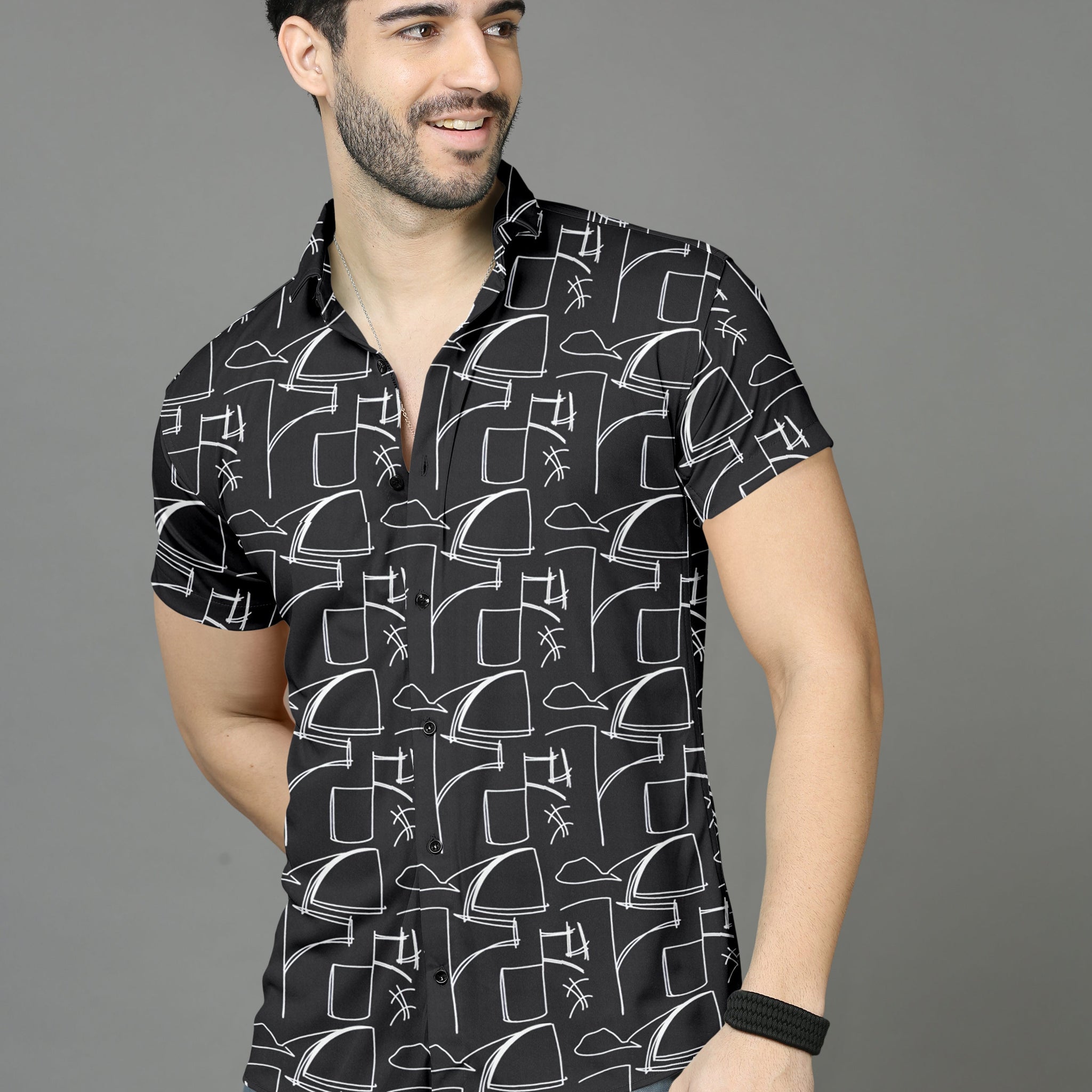 Abstract Black Casual Half Sleeve Shirts