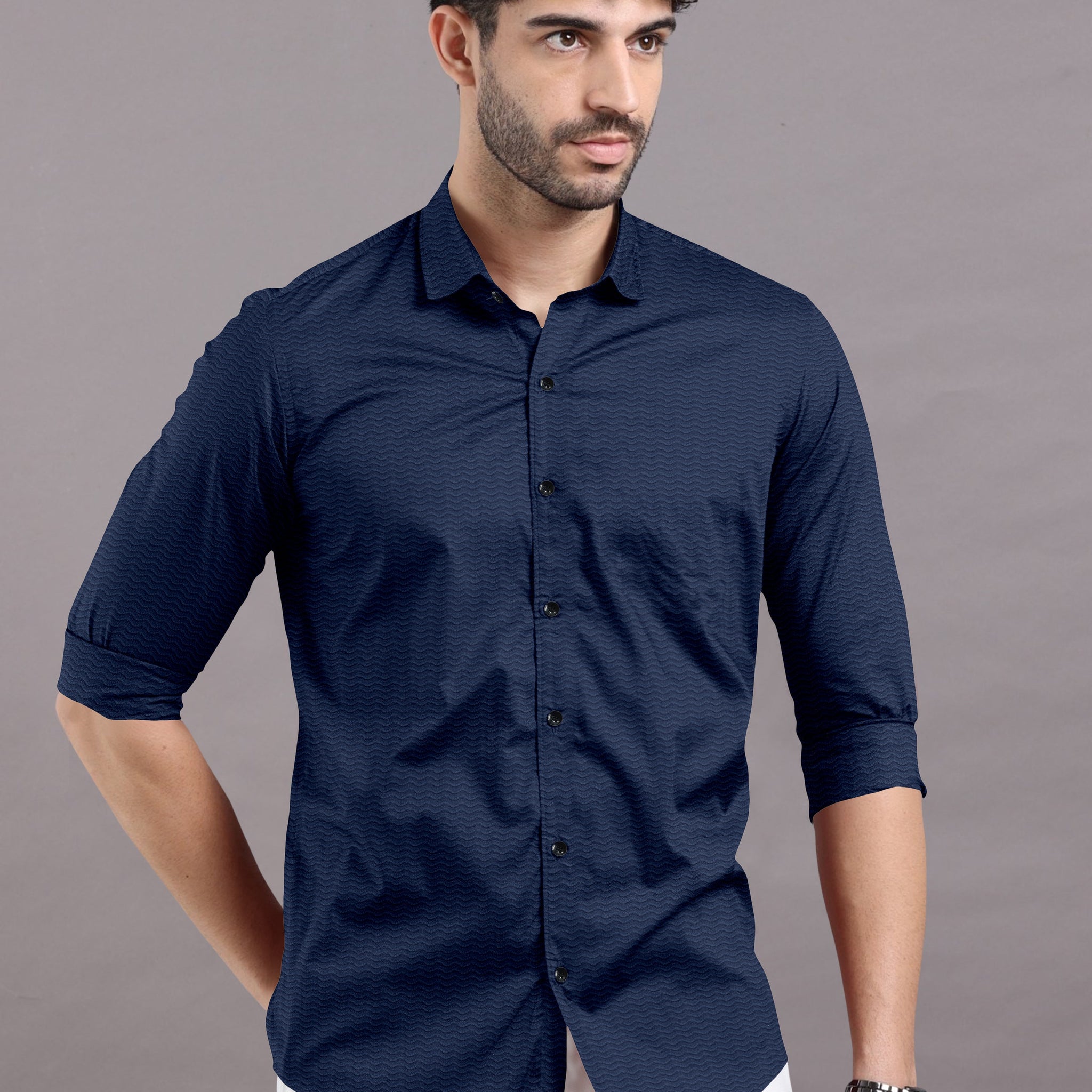 Navy Blue Wave Vintage Striped Textured Shirt